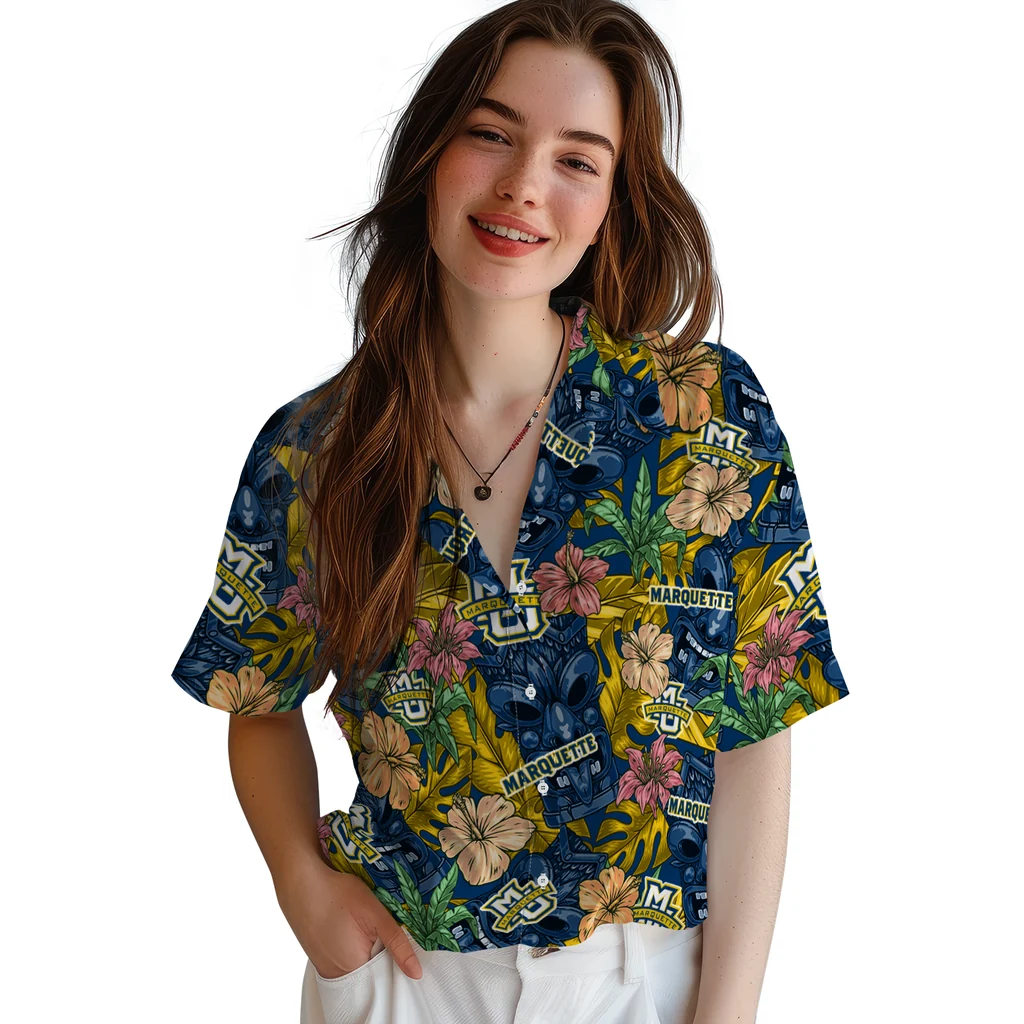 Marquette Golden Eagles Hawaiian Shirt - Hibiscus Tiki Jungle marquette golden eagles tiki jungle blue hawaiian shirts latest model