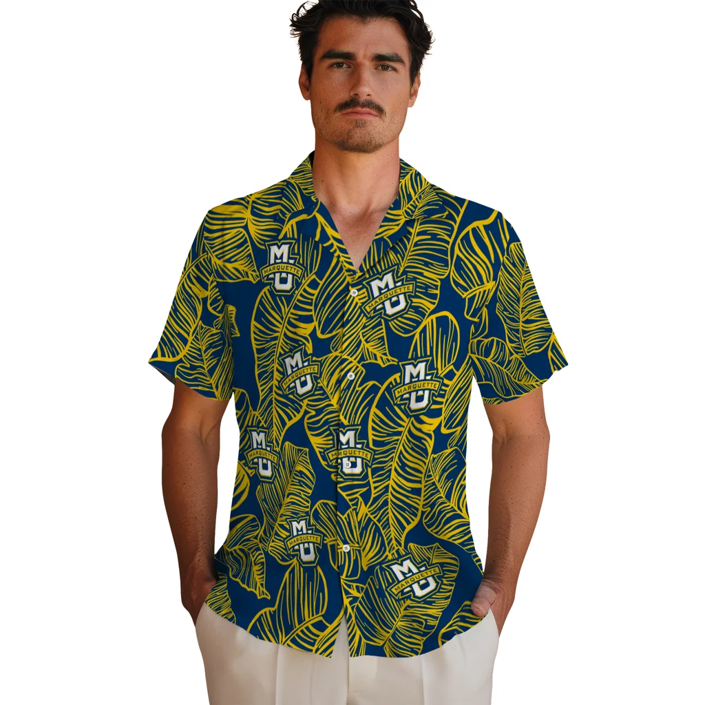 Marquette Golden Eagles Hawaiian Shirt - Leaf Outline marquette golden eagles leaf outline blue hawaiian shirts fashion forward