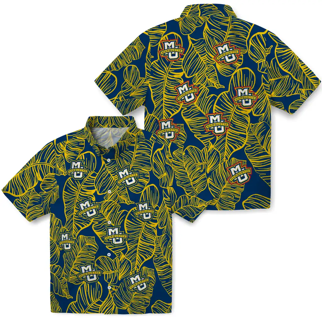 Marquette Golden Eagles Hawaiian Shirt - Leaf Outline marquette golden eagles leaf outline blue hawaiian shirts high quality