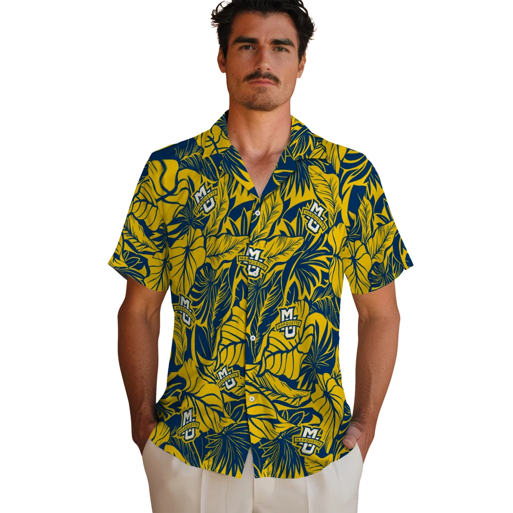 Marquette Golden Eagles Hawaiian Shirt - Monstera Layer marquette golden eagles monstera layer blue hawaiian shirts fashion forward
