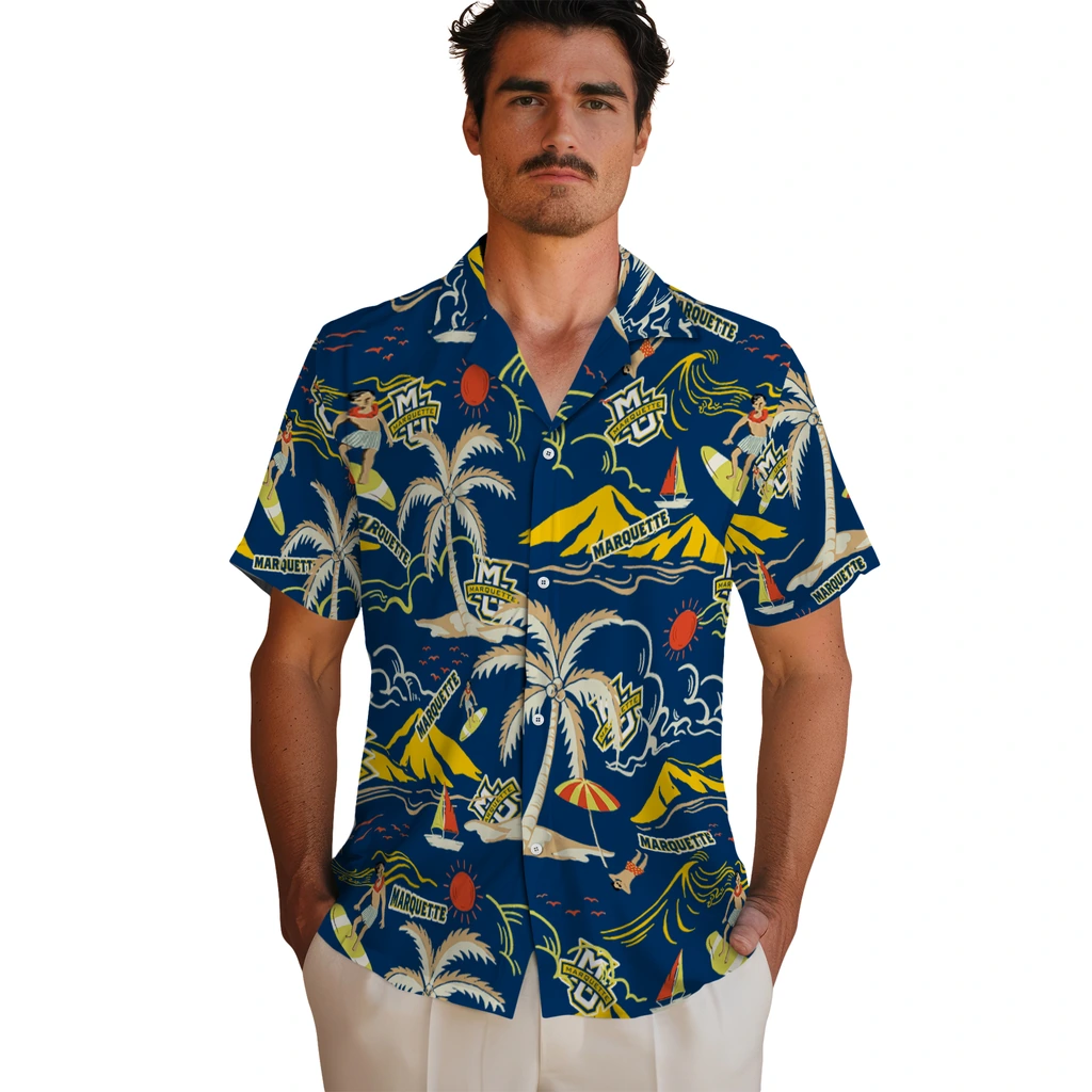 Marquette Golden Eagles Hawaiian Shirt - Palm Tree Island marquette golden eagles palm tree island blue hawaiian shirts fashion forward