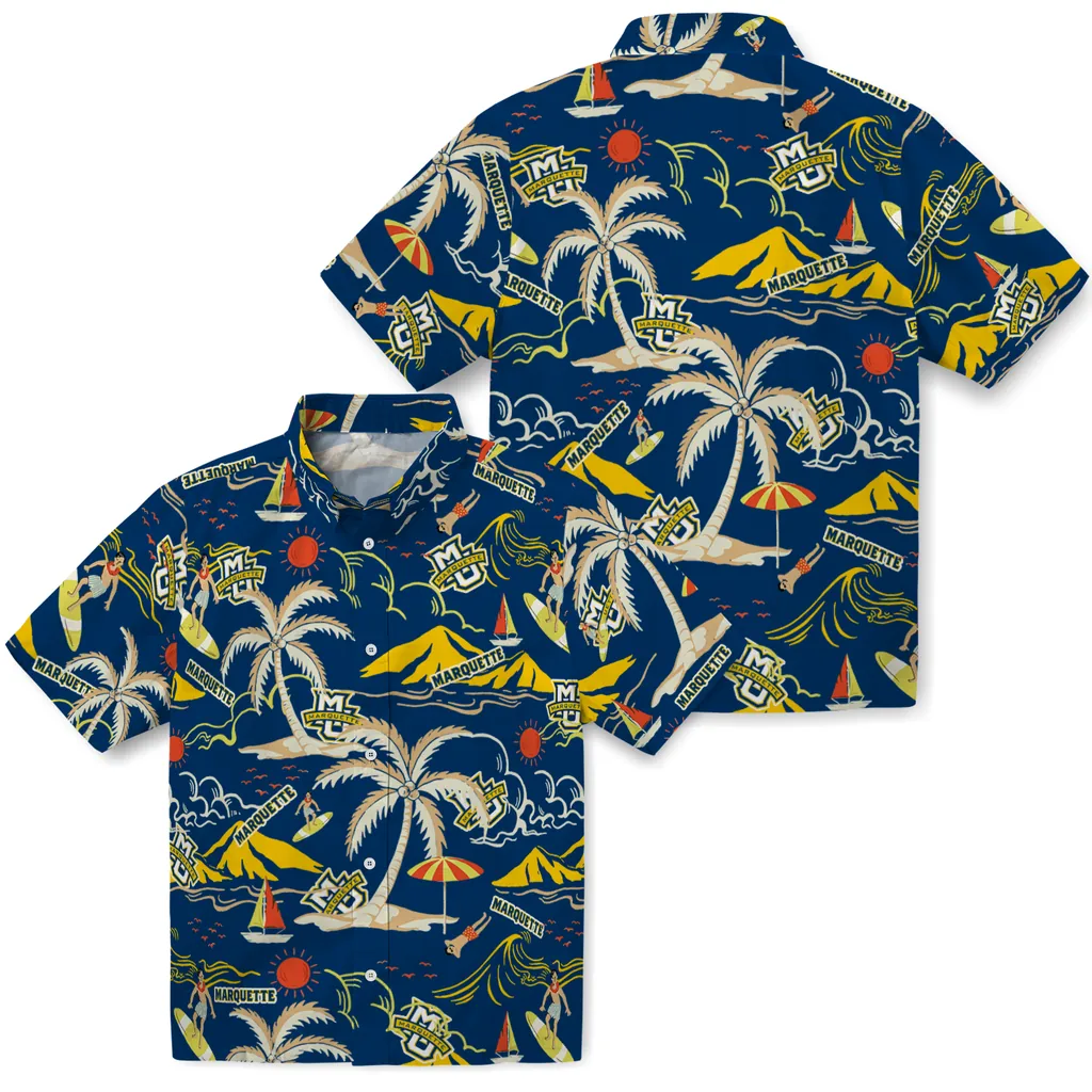 Marquette Golden Eagles Hawaiian Shirt - Palm Tree Island marquette golden eagles palm tree island blue hawaiian shirts high quality