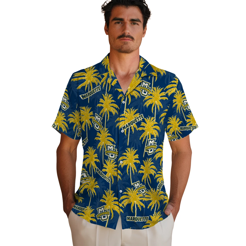 Marquette Golden Eagles Hawaiian Shirt - Palm Tree Motif marquette golden eagles palm grove blue hawaiian shirts fashion forward