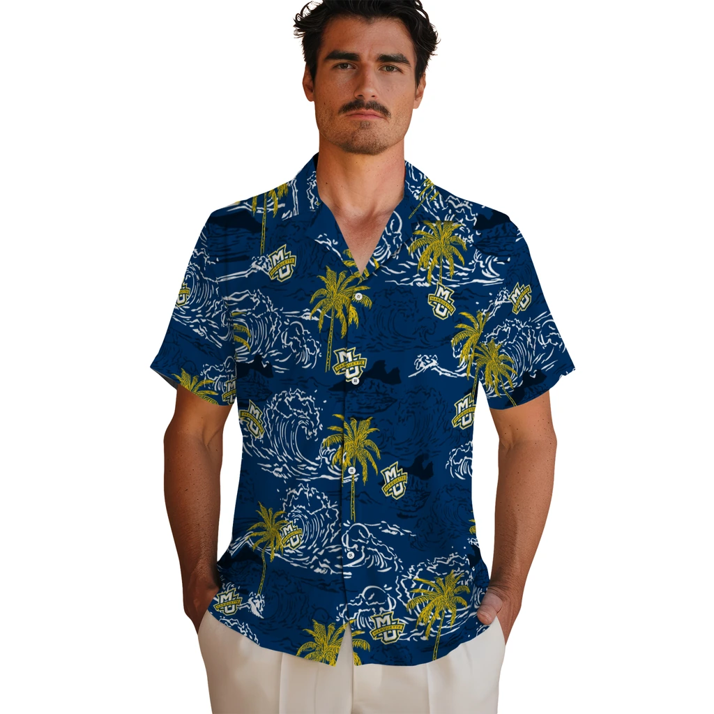 Marquette Golden Eagles Hawaiian Shirt - Wave Palm marquette golden eagles wave palm blue hawaiian shirts fashion forward