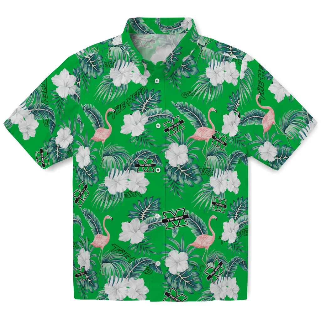 Marshall Thundering Herd Hawaiian Shirt - Flamingo and Hibiscus marshall thundering herd flamingo palms green hawaiian shirts best selling