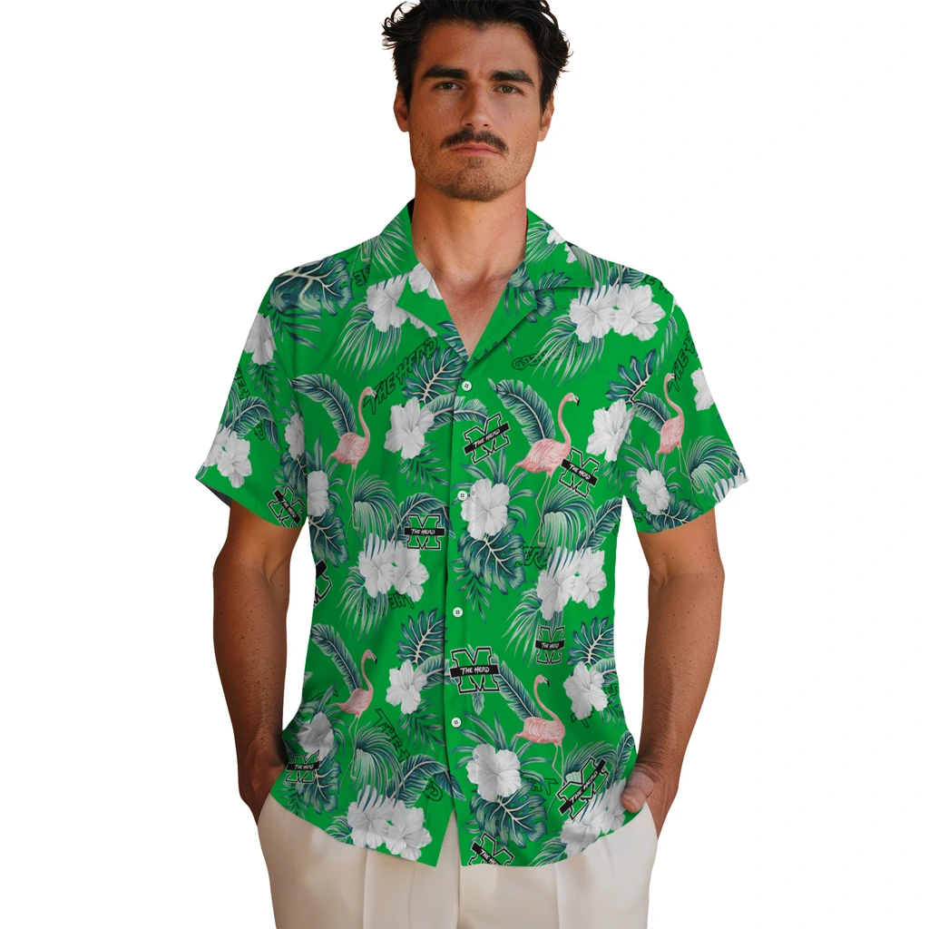 Marshall Thundering Herd Hawaiian Shirt - Flamingo and Hibiscus marshall thundering herd flamingo palms green hawaiian shirts fashion forward