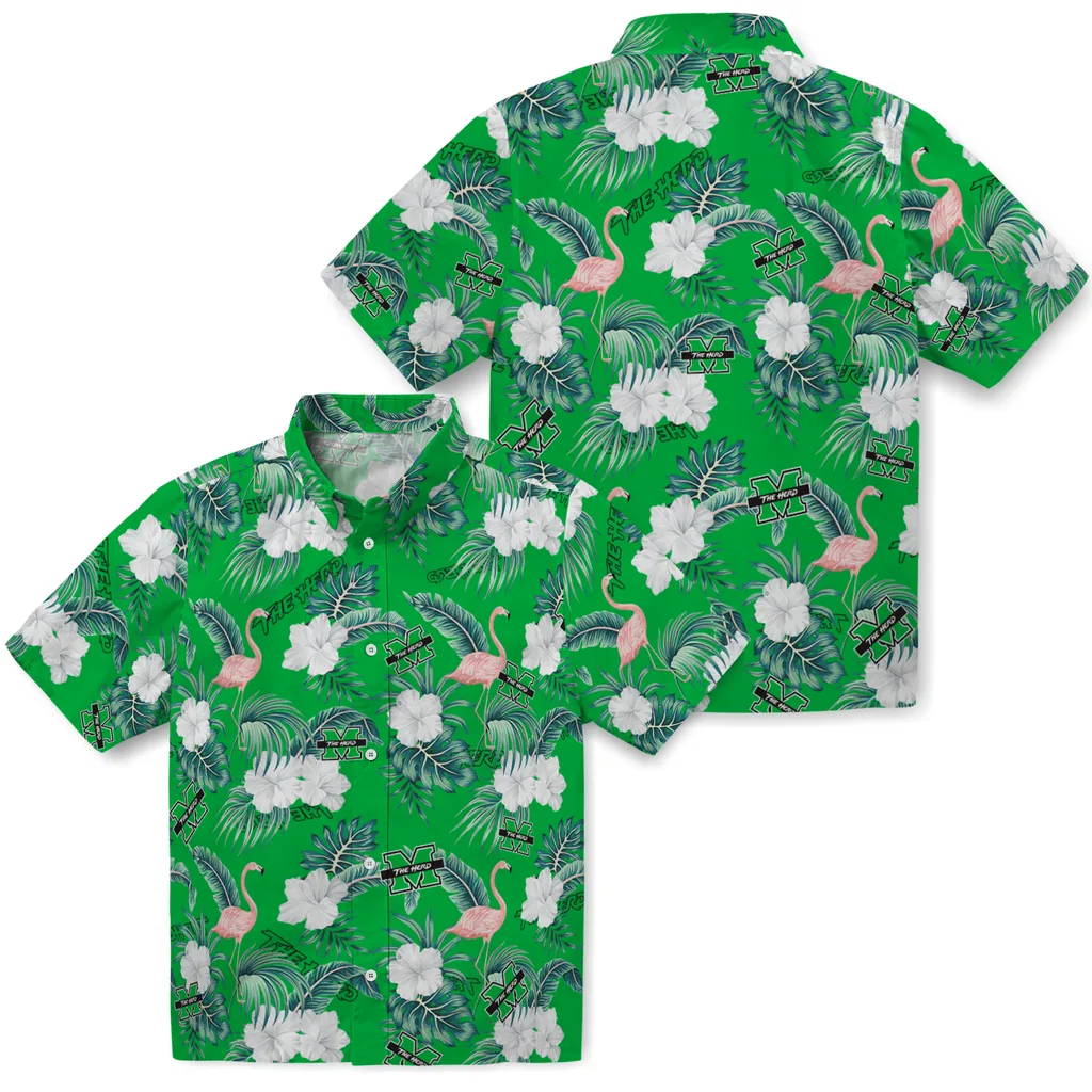 Marshall Thundering Herd Hawaiian Shirt - Flamingo and Hibiscus marshall thundering herd flamingo palms green hawaiian shirts high quality