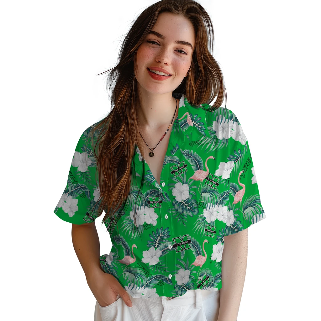 Marshall Thundering Herd Hawaiian Shirt - Flamingo and Hibiscus marshall thundering herd flamingo palms green hawaiian shirts latest model