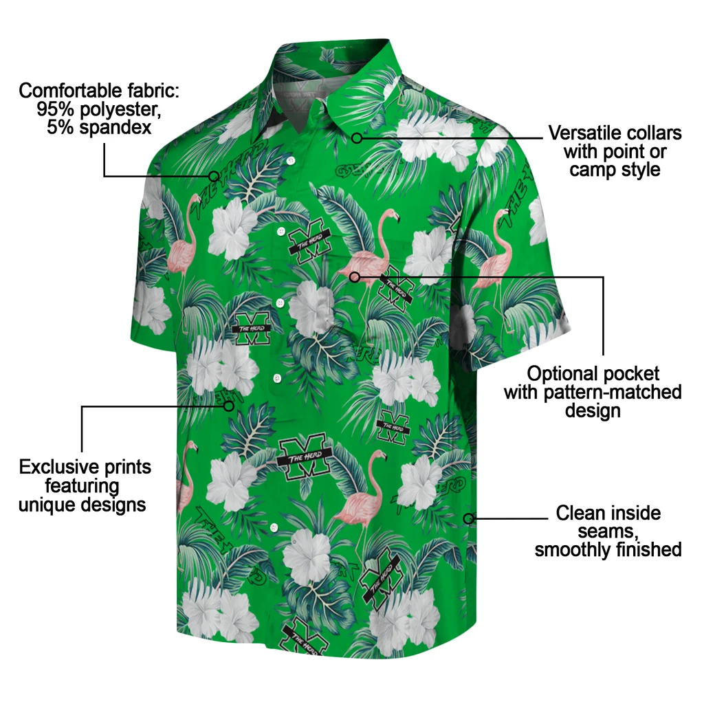 Marshall Thundering Herd Hawaiian Shirt - Flamingo and Hibiscus marshall thundering herd flamingo palms green hawaiian shirts new arrival