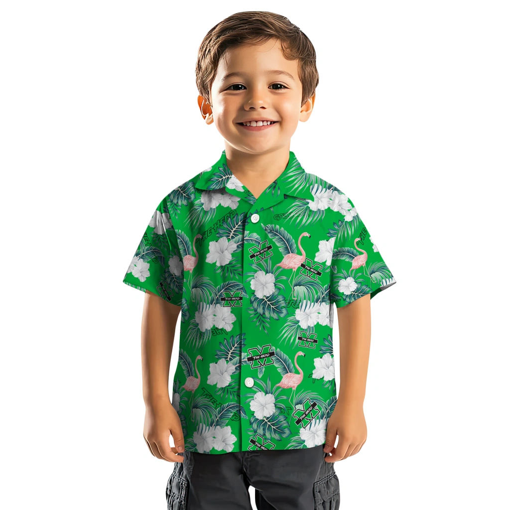 Marshall Thundering Herd Hawaiian Shirt - Flamingo and Hibiscus marshall thundering herd flamingo palms green hawaiian shirts top rated