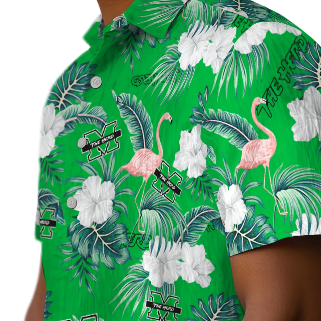Marshall Thundering Herd Hawaiian Shirt - Flamingo and Hibiscus marshall thundering herd flamingo palms green hawaiian shirts trendy