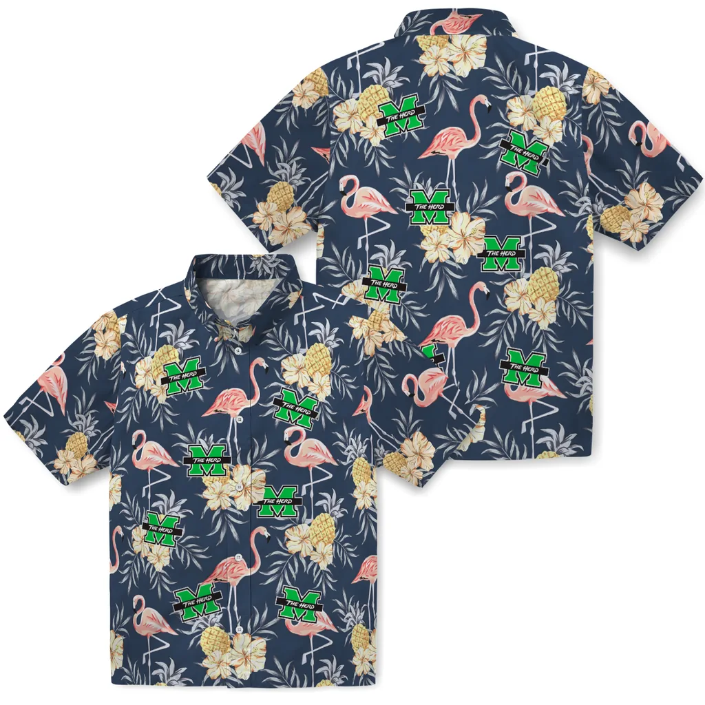 Marshall Thundering Herd Hawaiian Shirt - Flamingo Hibiscus marshall thundering herd flamingo hibiscus navy hawaiian shirts high quality