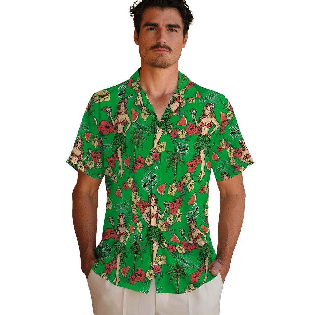 Marshall Thundering Herd Hawaiian Shirt - Hawaiian Girls Design marshall thundering herd hawaiian girls design green hawaiian shirts fashion forward