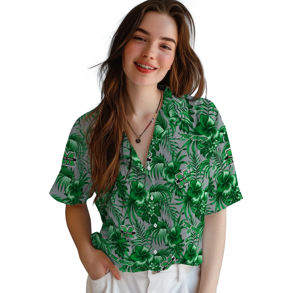 Marshall Thundering Herd Hawaiian Shirt - Hibiscus Exotic marshall thundering herd hibiscus exotic green hawaiian shirts latest model
