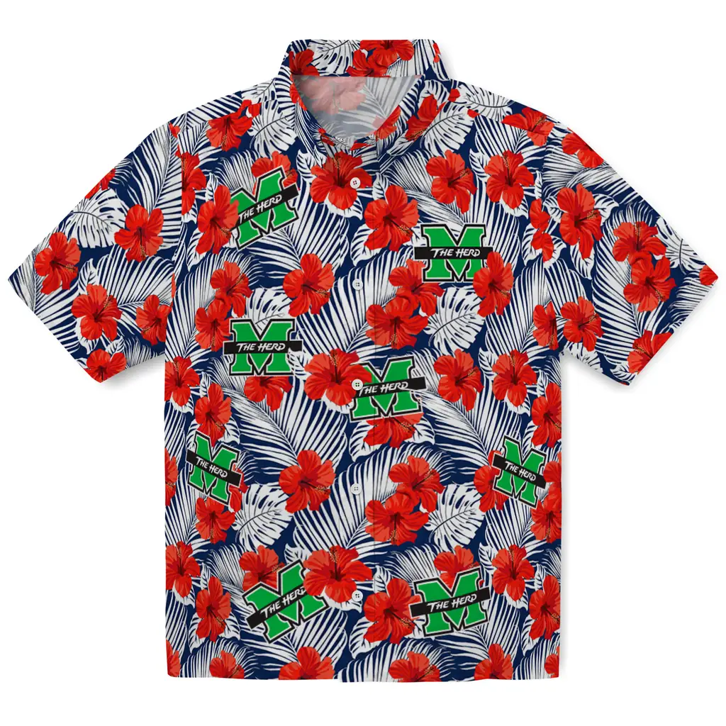 Marshall Thundering Herd Hawaiian Shirt - Hibiscus Fiesta marshall thundering herd hibiscus fiesta red royal blue hawaiian shirts best selling