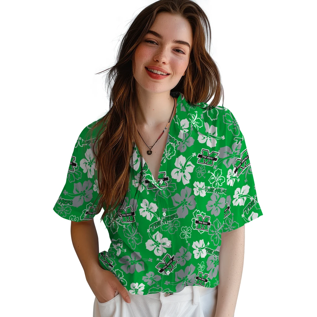 Marshall Thundering Herd Hawaiian Shirt - Hibiscus Flower Design marshall thundering herd hibiscus bloom green hawaiian shirts latest model