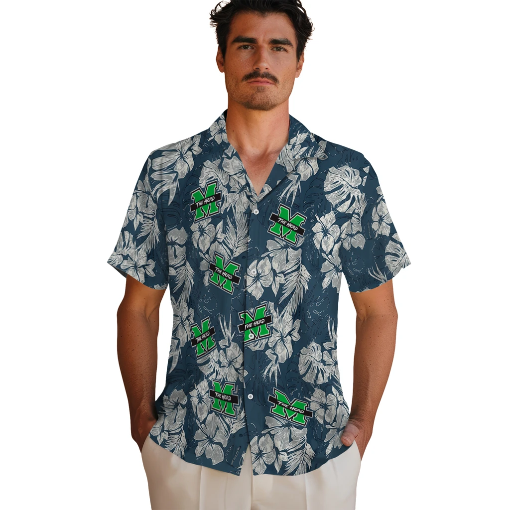 Marshall Thundering Herd Hawaiian Shirt - Hibiscus Flowers marshall thundering herd hibiscus flowers navy blue hawaiian shirts fashion forward