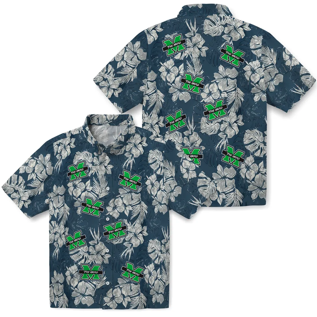 Marshall Thundering Herd Hawaiian Shirt - Hibiscus Flowers marshall thundering herd hibiscus flowers navy blue hawaiian shirts high quality