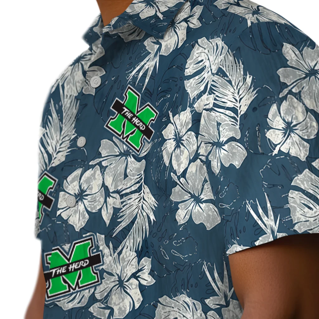 Marshall Thundering Herd Hawaiian Shirt - Hibiscus Flowers marshall thundering herd hibiscus flowers navy blue hawaiian shirts trendy
