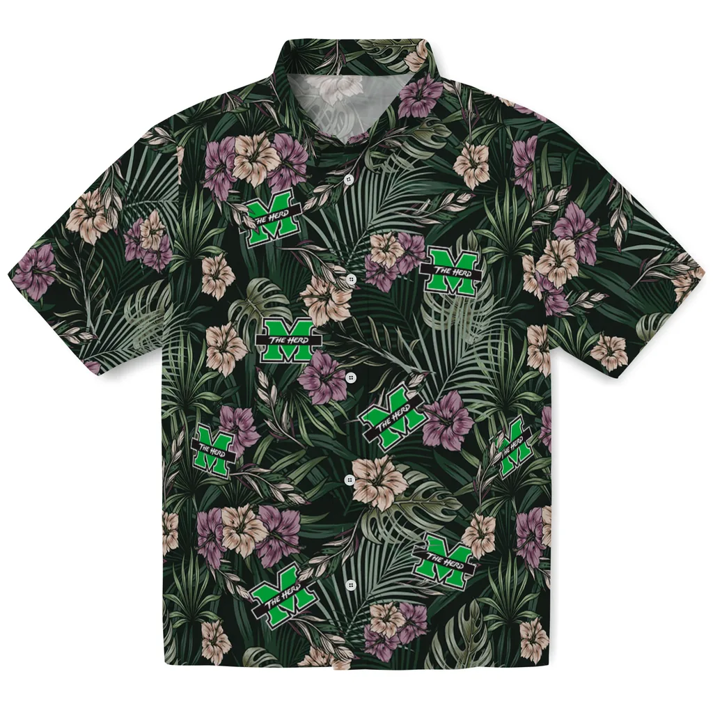 Marshall Thundering Herd Hawaiian Shirt - Hibiscus Leaves Pattern marshall thundering herd hibiscus leaves pattern green hawaiian shirts best selling