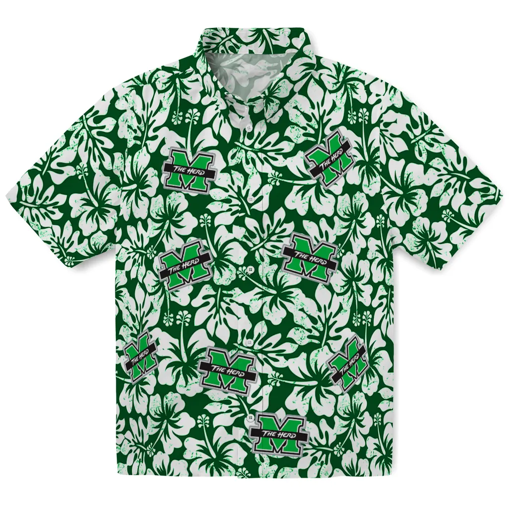 Marshall Thundering Herd Hawaiian Shirt - Hibiscus Motif marshall thundering herd hibiscus motif green white hawaiian shirts best selling