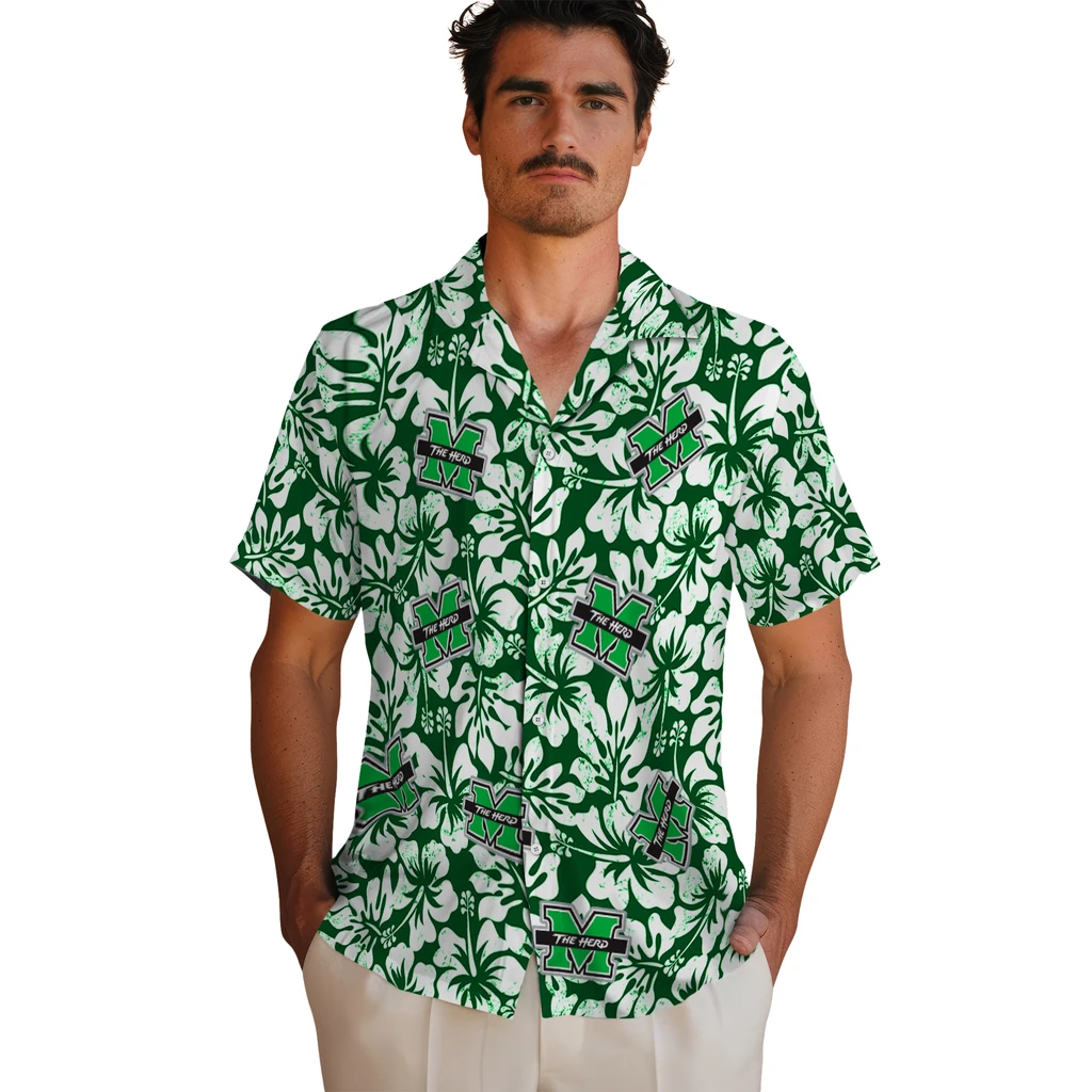 Marshall Thundering Herd Hawaiian Shirt - Hibiscus Motif marshall thundering herd hibiscus motif green white hawaiian shirts fashion forward