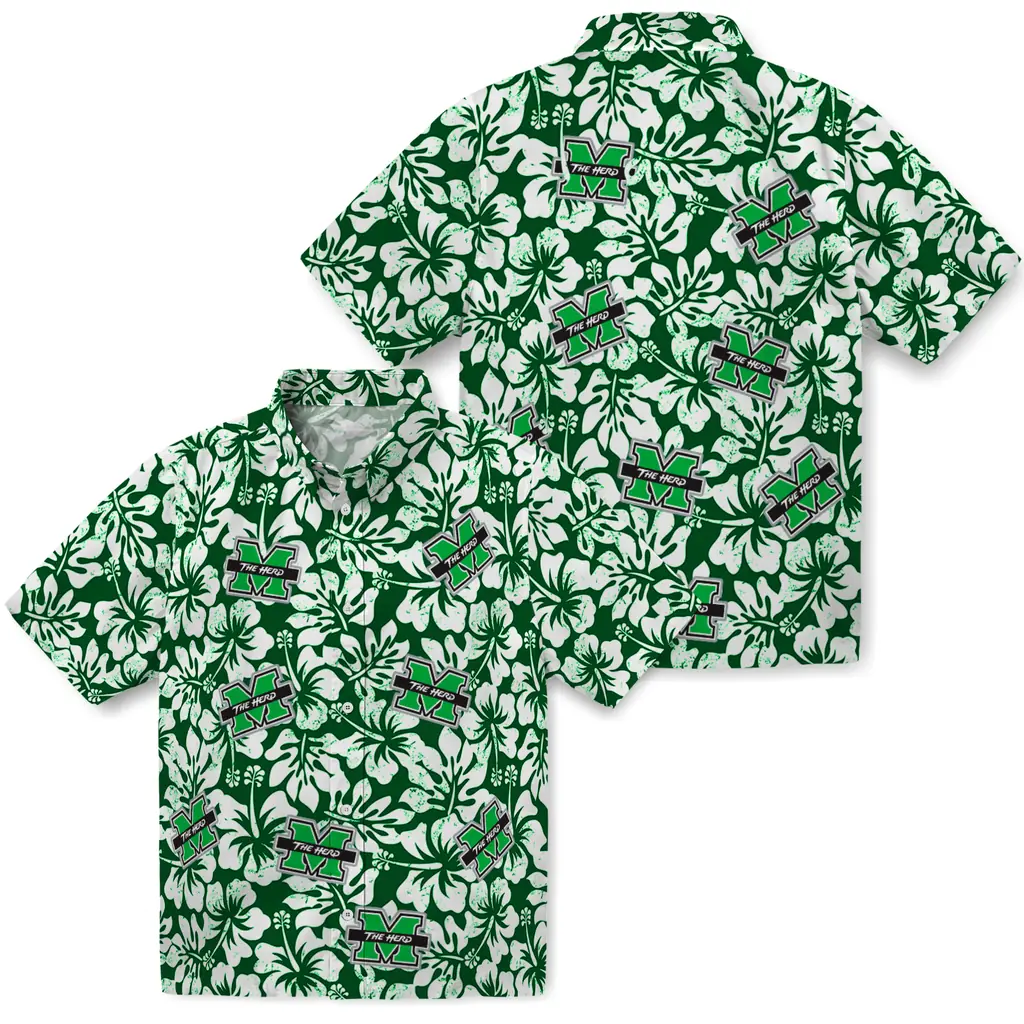 Marshall Thundering Herd Hawaiian Shirt - Hibiscus Motif marshall thundering herd hibiscus motif green white hawaiian shirts high quality
