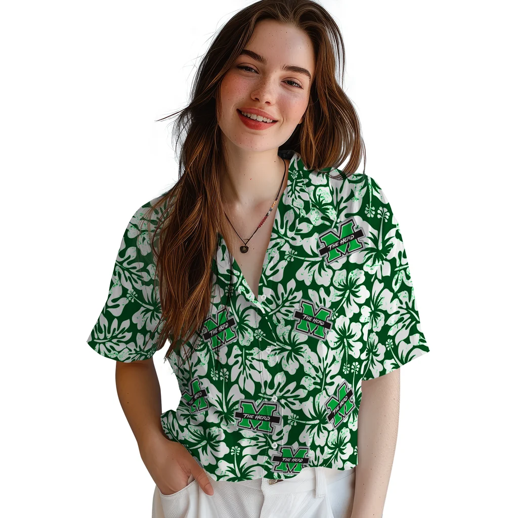 Marshall Thundering Herd Hawaiian Shirt - Hibiscus Motif marshall thundering herd hibiscus motif green white hawaiian shirts latest model
