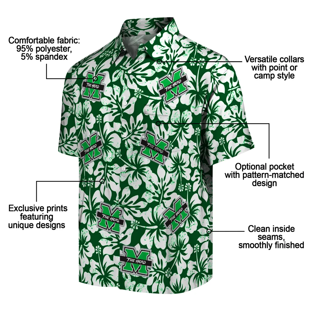 Marshall Thundering Herd Hawaiian Shirt - Hibiscus Motif marshall thundering herd hibiscus motif green white hawaiian shirts new arrival