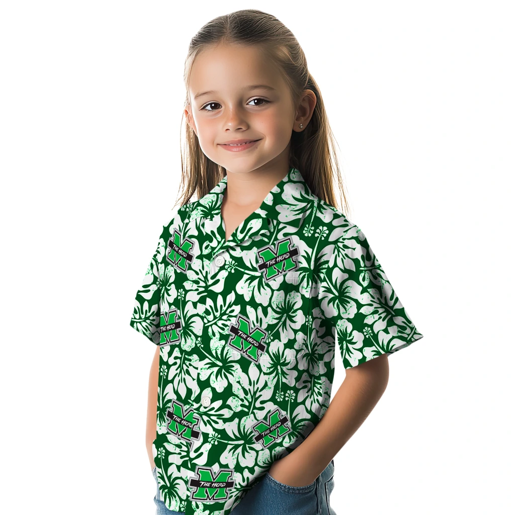 Marshall Thundering Herd Hawaiian Shirt - Hibiscus Motif marshall thundering herd hibiscus motif green white hawaiian shirts premium grade