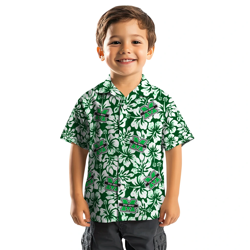 Marshall Thundering Herd Hawaiian Shirt - Hibiscus Motif marshall thundering herd hibiscus motif green white hawaiian shirts top rated
