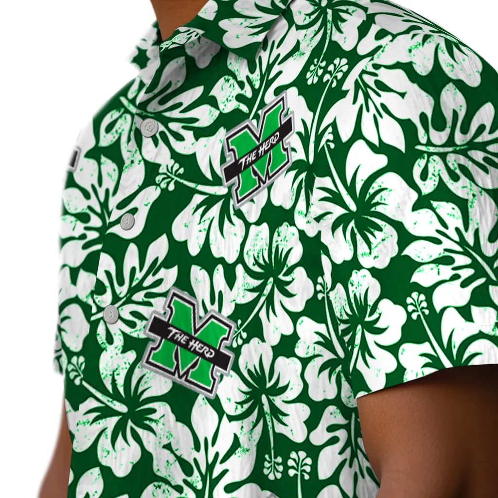 Marshall Thundering Herd Hawaiian Shirt - Hibiscus Motif marshall thundering herd hibiscus motif green white hawaiian shirts trendy