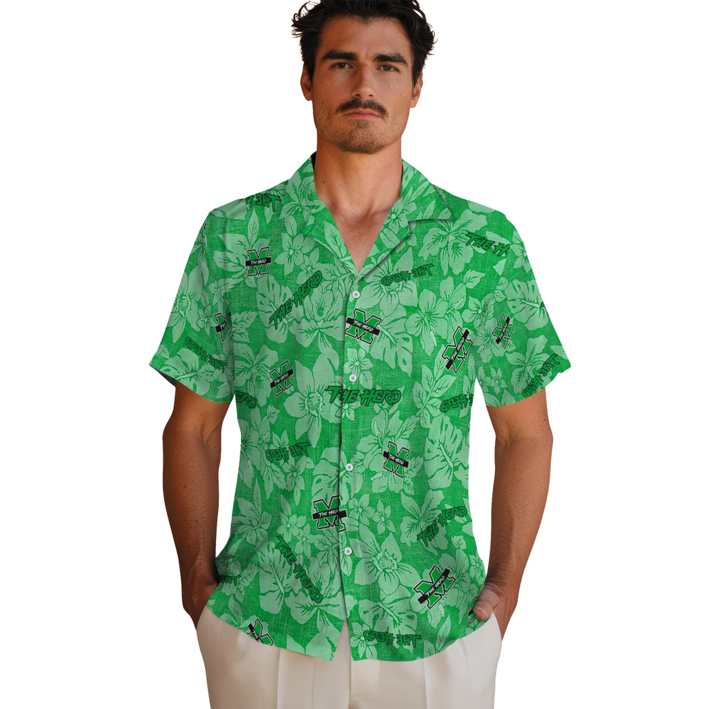 Marshall Thundering Herd Hawaiian Shirt - Hibiscus Oasis marshall thundering herd hibiscus oasis green hawaiian shirts fashion forward