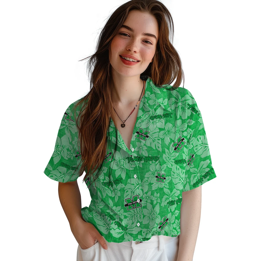 Marshall Thundering Herd Hawaiian Shirt - Hibiscus Oasis marshall thundering herd hibiscus oasis green hawaiian shirts latest model