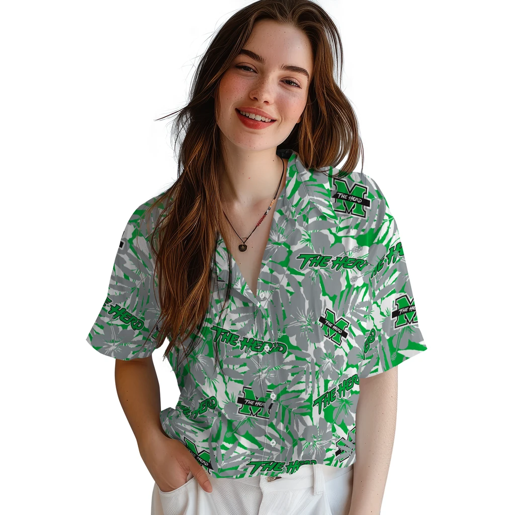 Marshall Thundering Herd Hawaiian Shirt - Hibiscus Overlay marshall thundering herd hibiscus overlay hawaiian shirts latest model
