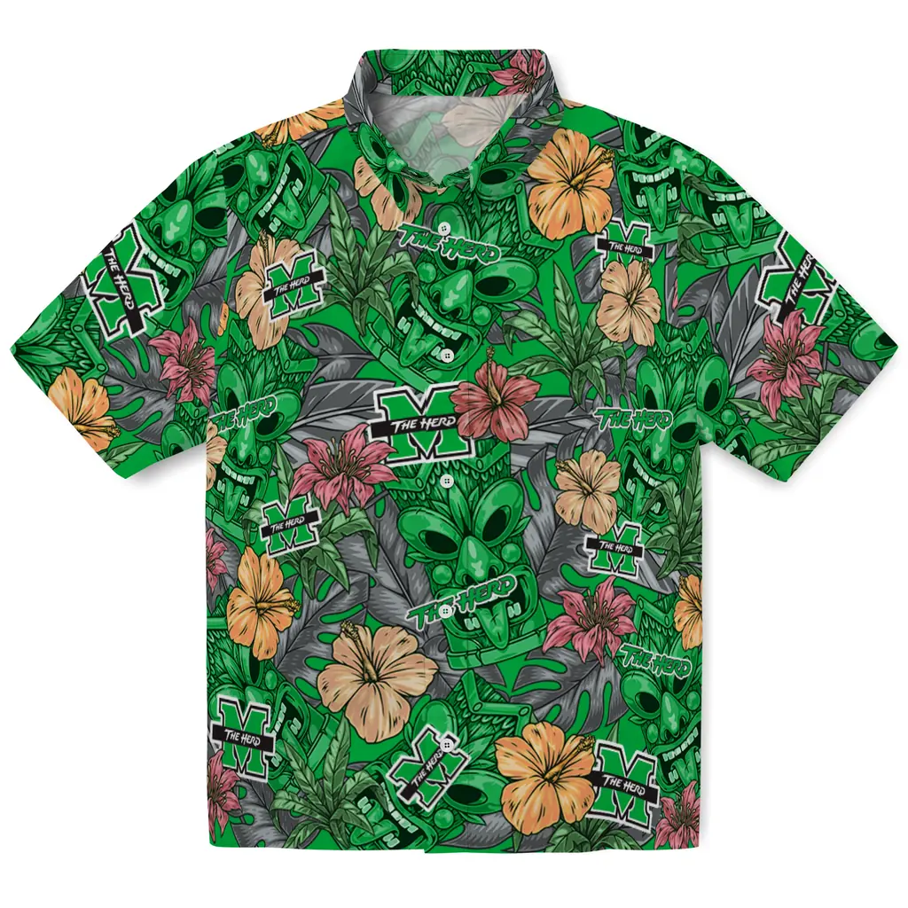 Marshall Thundering Herd Hawaiian Shirt - Hibiscus Tiki Jungle marshall thundering herd tiki jungle green hawaiian shirts best selling