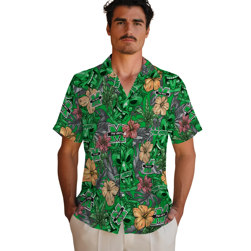Marshall Thundering Herd Hawaiian Shirt - Hibiscus Tiki Jungle marshall thundering herd tiki jungle green hawaiian shirts fashion forward