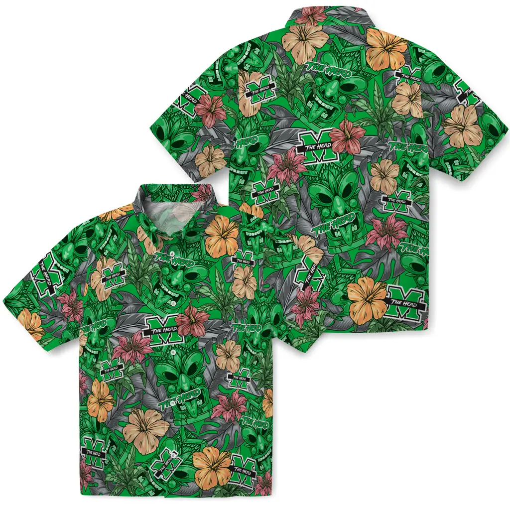 Marshall Thundering Herd Hawaiian Shirt - Hibiscus Tiki Jungle marshall thundering herd tiki jungle green hawaiian shirts high quality