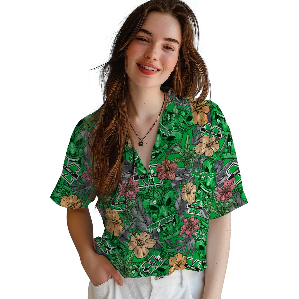 Marshall Thundering Herd Hawaiian Shirt - Hibiscus Tiki Jungle marshall thundering herd tiki jungle green hawaiian shirts latest model
