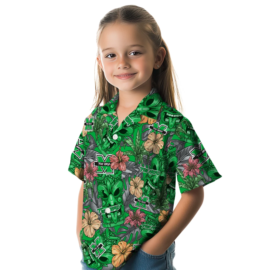 Marshall Thundering Herd Hawaiian Shirt - Hibiscus Tiki Jungle marshall thundering herd tiki jungle green hawaiian shirts premium grade