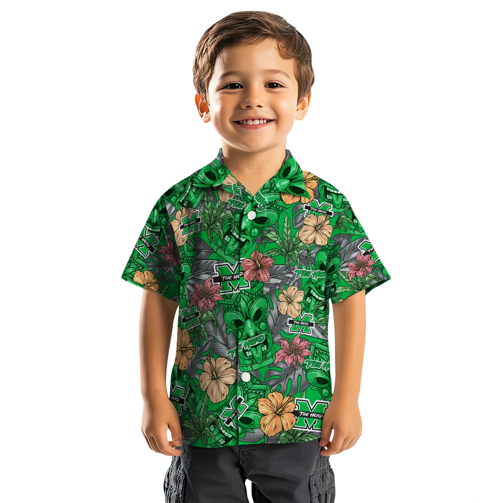 Marshall Thundering Herd Hawaiian Shirt - Hibiscus Tiki Jungle marshall thundering herd tiki jungle green hawaiian shirts top rated