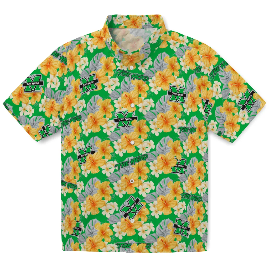Marshall Thundering Herd Hawaiian Shirt - Hibiscus Tropics marshall thundering herd hibiscus tropics green yellow hawaiian shirts best selling