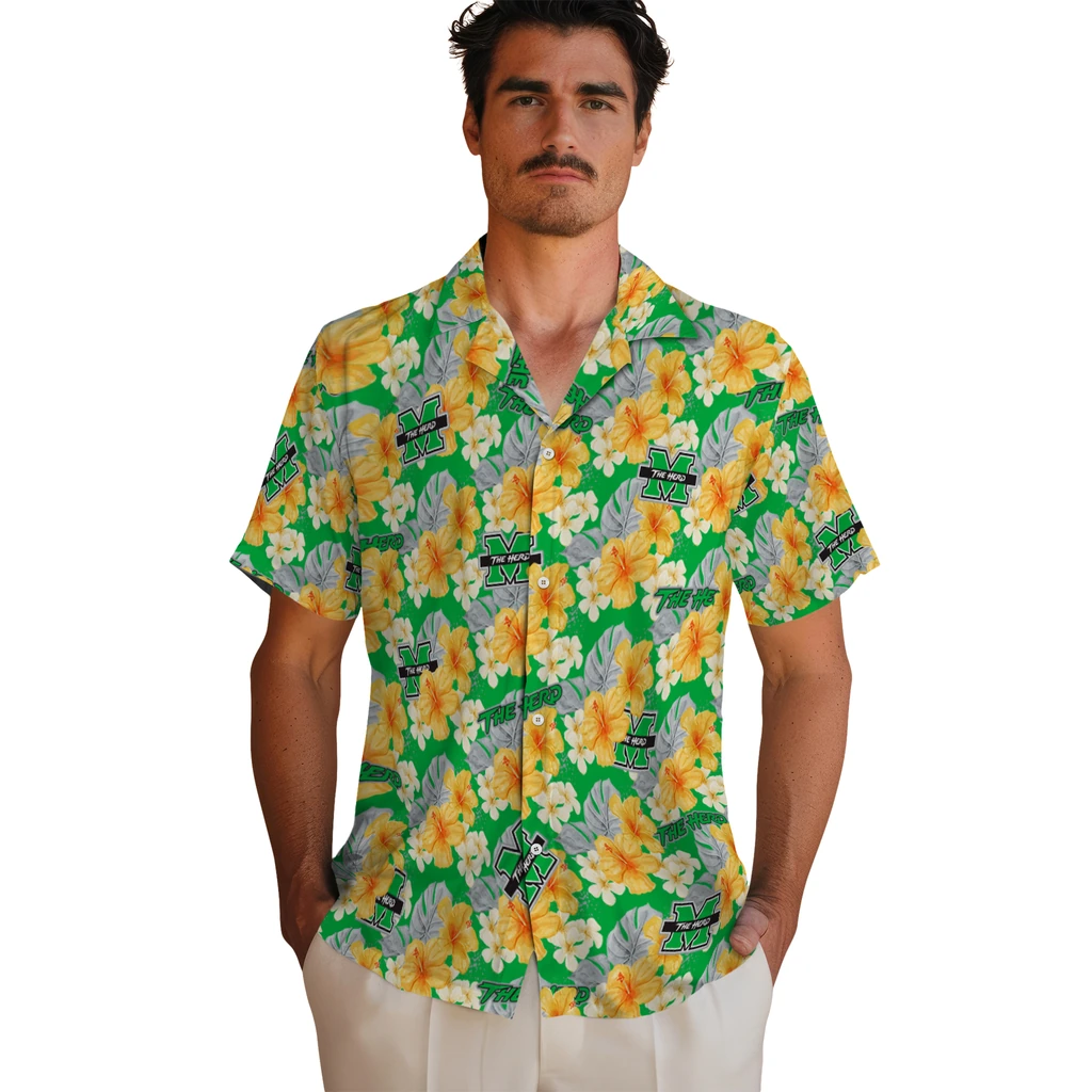 Marshall Thundering Herd Hawaiian Shirt - Hibiscus Tropics marshall thundering herd hibiscus tropics green yellow hawaiian shirts fashion forward