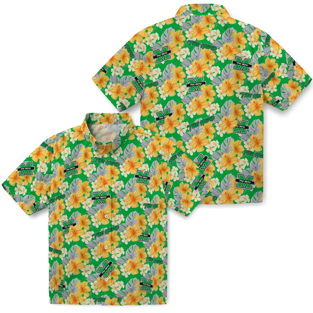 Marshall Thundering Herd Hawaiian Shirt - Hibiscus Tropics marshall thundering herd hibiscus tropics green yellow hawaiian shirts high quality