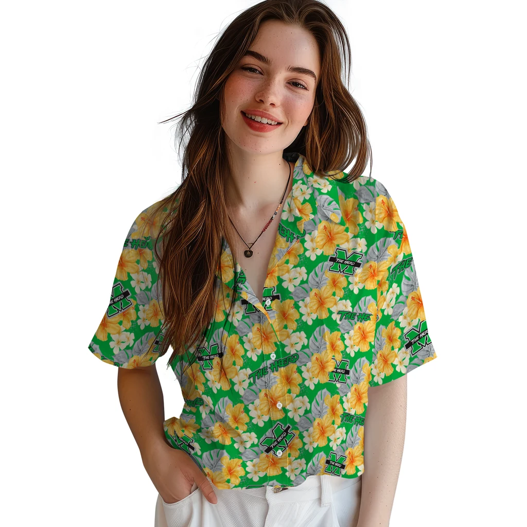Marshall Thundering Herd Hawaiian Shirt - Hibiscus Tropics marshall thundering herd hibiscus tropics green yellow hawaiian shirts latest model