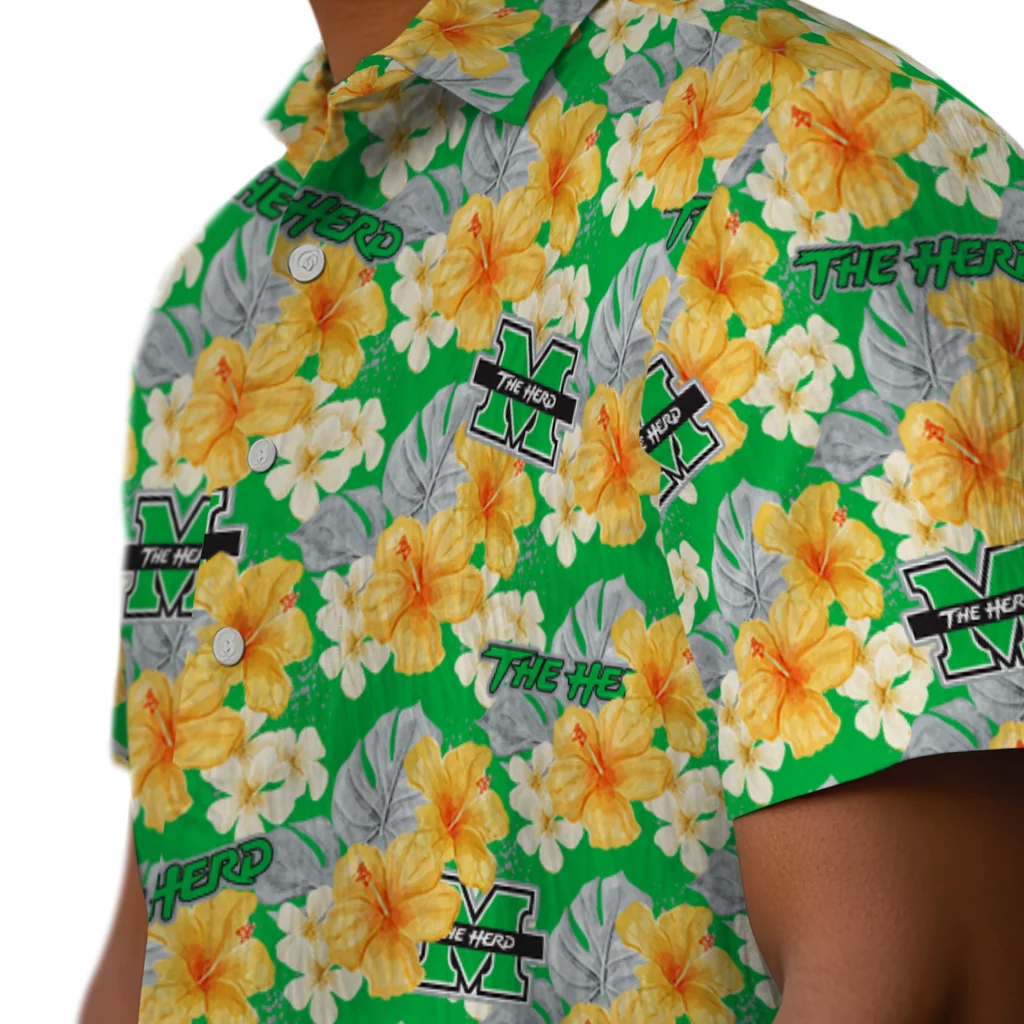 Marshall Thundering Herd Hawaiian Shirt - Hibiscus Tropics marshall thundering herd hibiscus tropics green yellow hawaiian shirts trendy