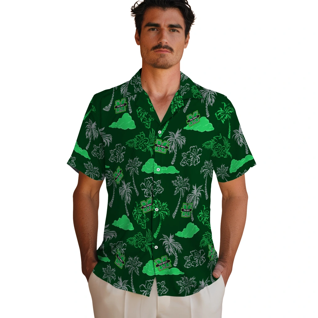 Marshall Thundering Herd Hawaiian Shirt - Palm And Clouds marshall thundering herd palm and clouds green hawaiian shirts fashion forward