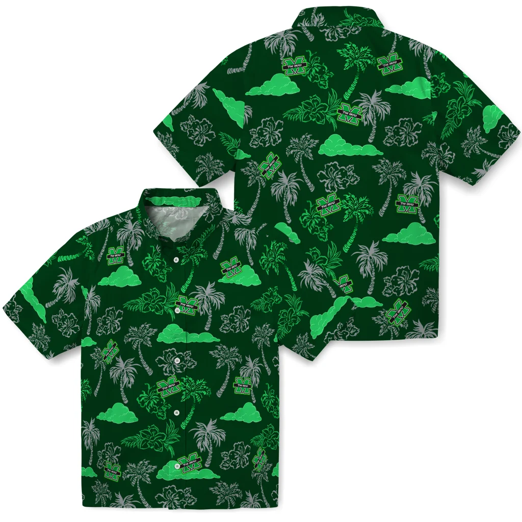 Marshall Thundering Herd Hawaiian Shirt - Palm And Clouds marshall thundering herd palm and clouds green hawaiian shirts high quality