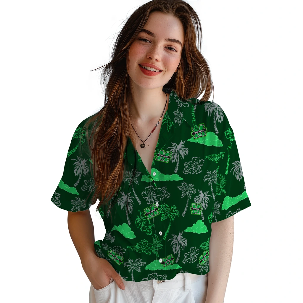 Marshall Thundering Herd Hawaiian Shirt - Palm And Clouds marshall thundering herd palm and clouds green hawaiian shirts latest model