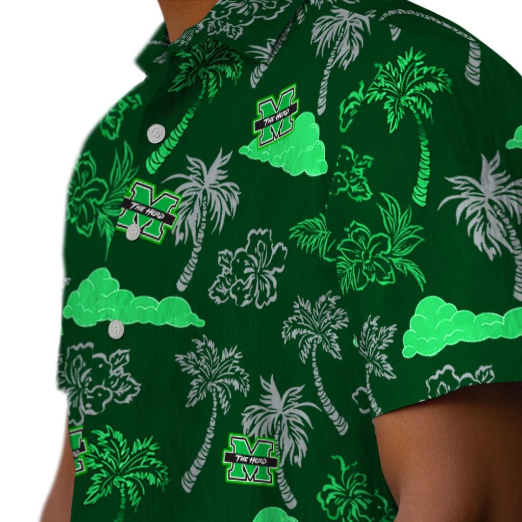 Marshall Thundering Herd Hawaiian Shirt - Palm And Clouds marshall thundering herd palm and clouds green hawaiian shirts trendy